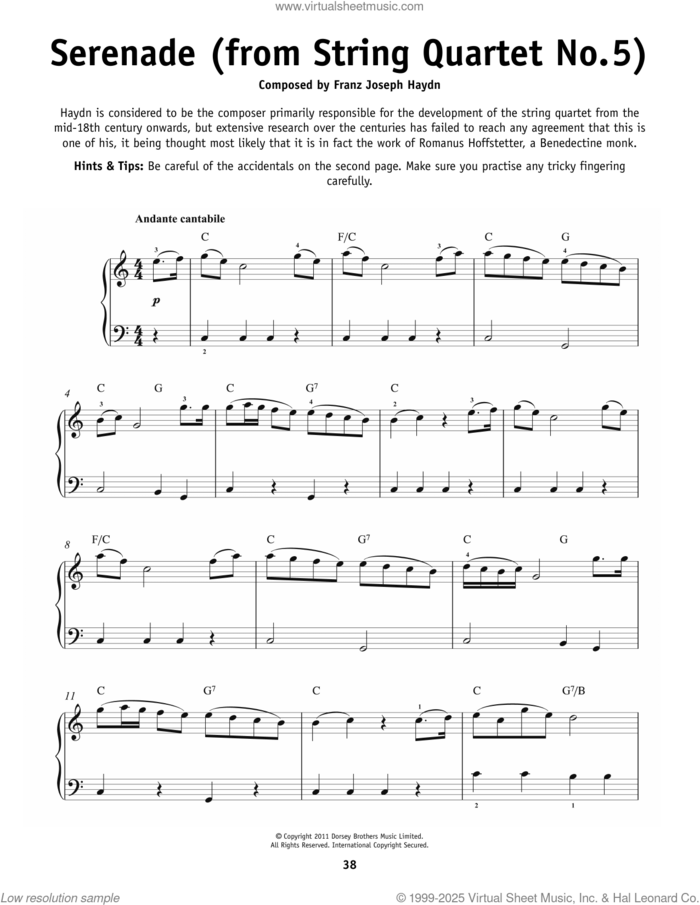 Serenade From String Quartet in F, (beginner) sheet music for piano solo by Franz Joseph Haydn, classical score, beginner skill level