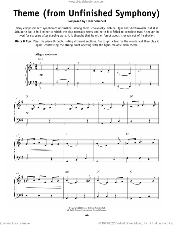 The Unfinished Symphony (Theme), (beginner) sheet music for piano solo by Franz Schubert, classical score, beginner skill level