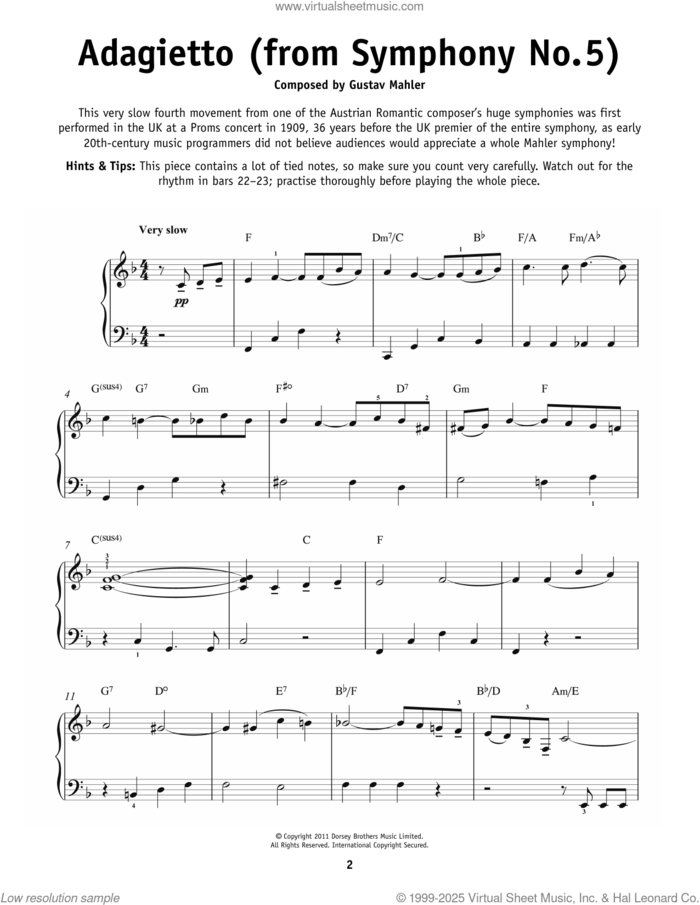 Symphony No. 5 In C-sharp Minor ('Adagietto'), Fourth Movement Excerpt, (beginner) sheet music for piano solo by Gustav Mahler, classical score, beginner skill level