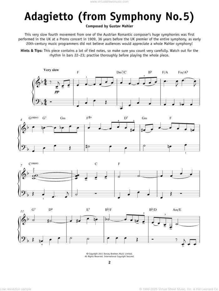 Symphony No. 5 In C-sharp Minor ('Adagietto'), Fourth Movement Excerpt, (beginner) sheet music for piano solo by Gustav Mahler, classical score, beginner skill level