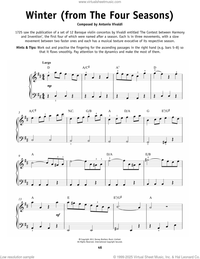 Largo, RV 297 ('Winter') sheet music for piano solo by Antonio Vivaldi, classical score, beginner skill level