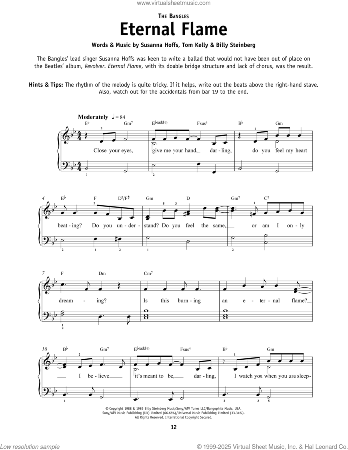 Eternal Flame sheet music for piano solo by Billy Steinberg, The Bangles, Susanna Hoffs and Tom Kelly, beginner skill level