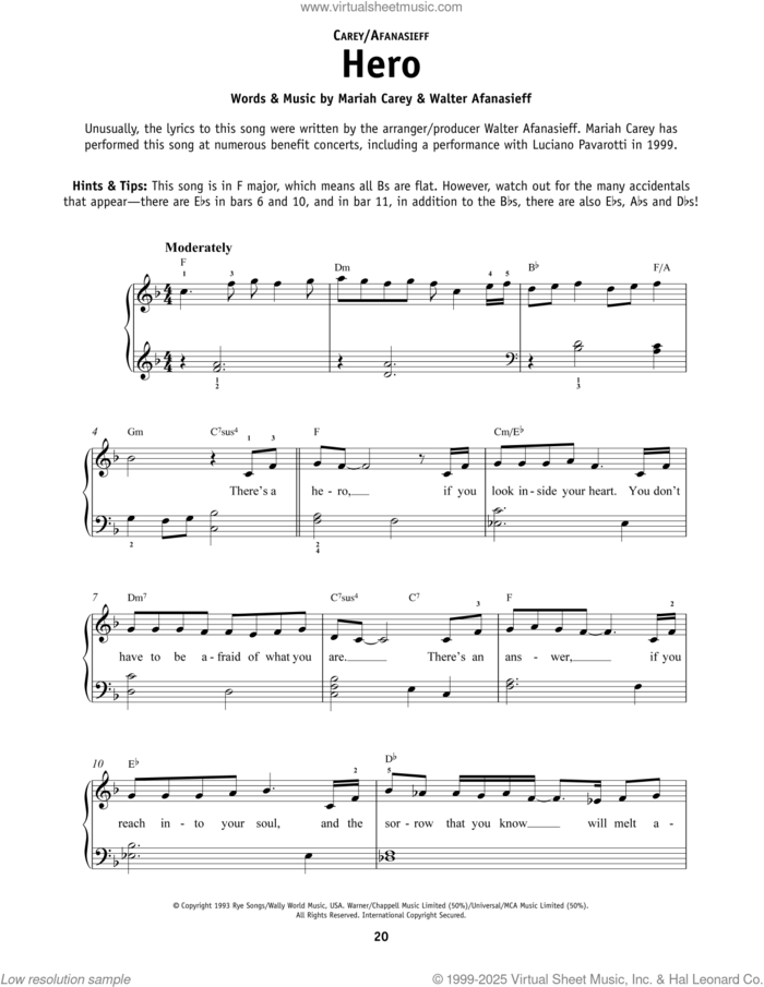 Hero sheet music for piano solo by Mariah Carey and Walter Afanasieff, beginner skill level