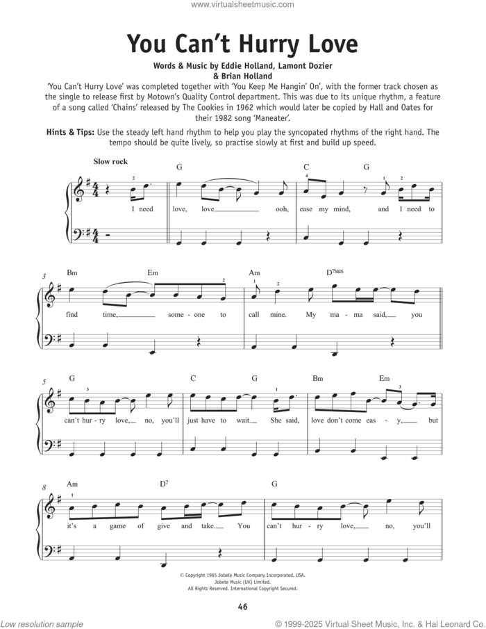 You Can't Hurry Love sheet music for piano solo by The Supremes, Brian Holland, Edward Holland Jr. and Lamont Dozier, beginner skill level