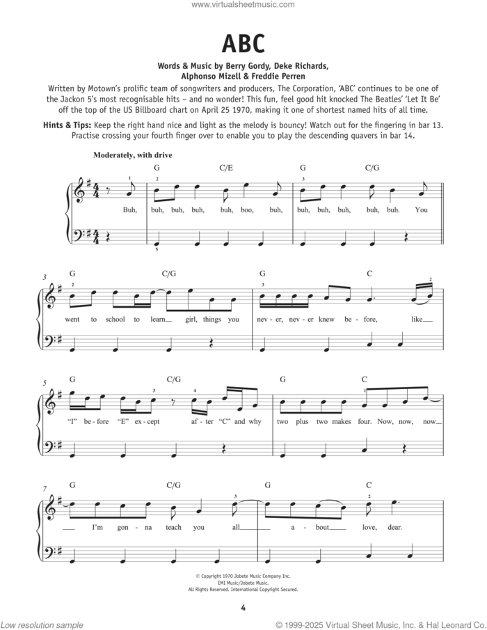 ABC sheet music for piano solo by The Jackson 5, Alphonso Mizell, Berry Gordy, Deke Richards and Frederick Perren, beginner skill level