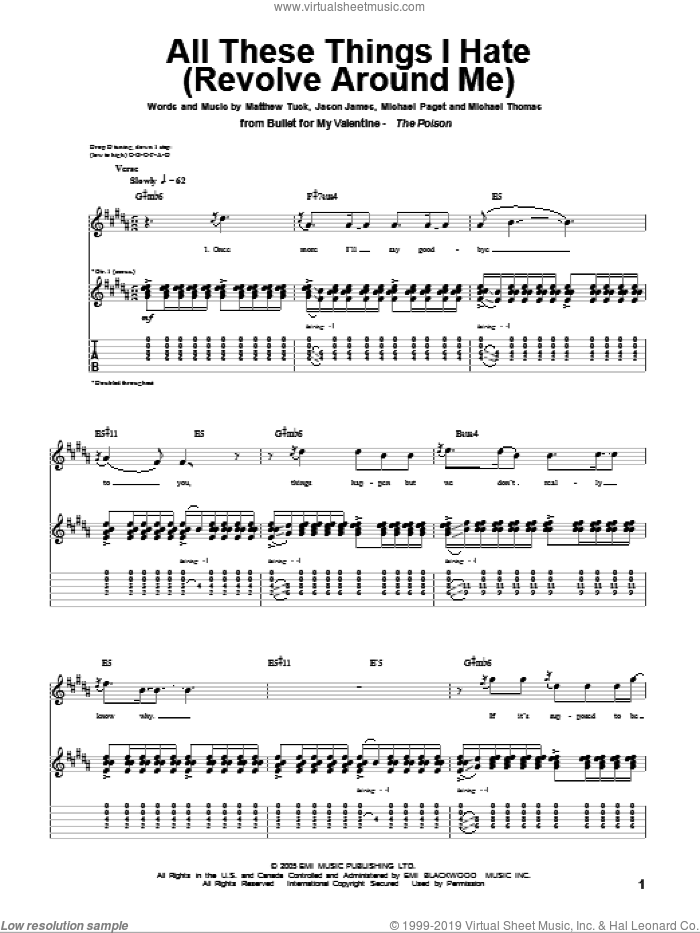 All These Things I Hate (Revolve Around Me) sheet music for guitar (tablature) by Bullet For My Valentine, Jason James, Matthew Tuck, Michael Paget and Michael Thomas, intermediate skill level