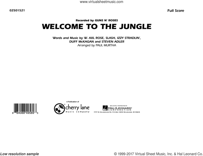 Welcome To The Jungle (COMPLETE) sheet music for marching band by Paul Murtha, Axl Rose, Duff McKagan, Slash and Steven Adler, intermediate skill level