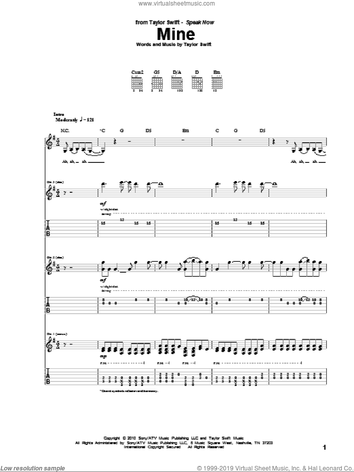 Mine sheet music for guitar (tablature) by Taylor Swift, intermediate skill level