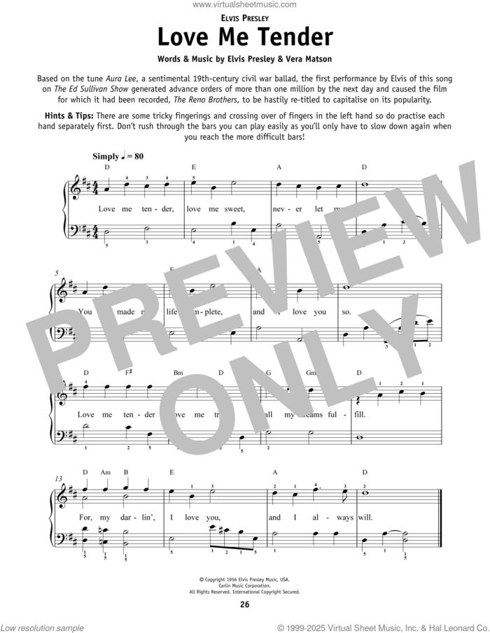 Love Me Tender sheet music for piano solo by Elvis Presley and Vera Matson, beginner skill level