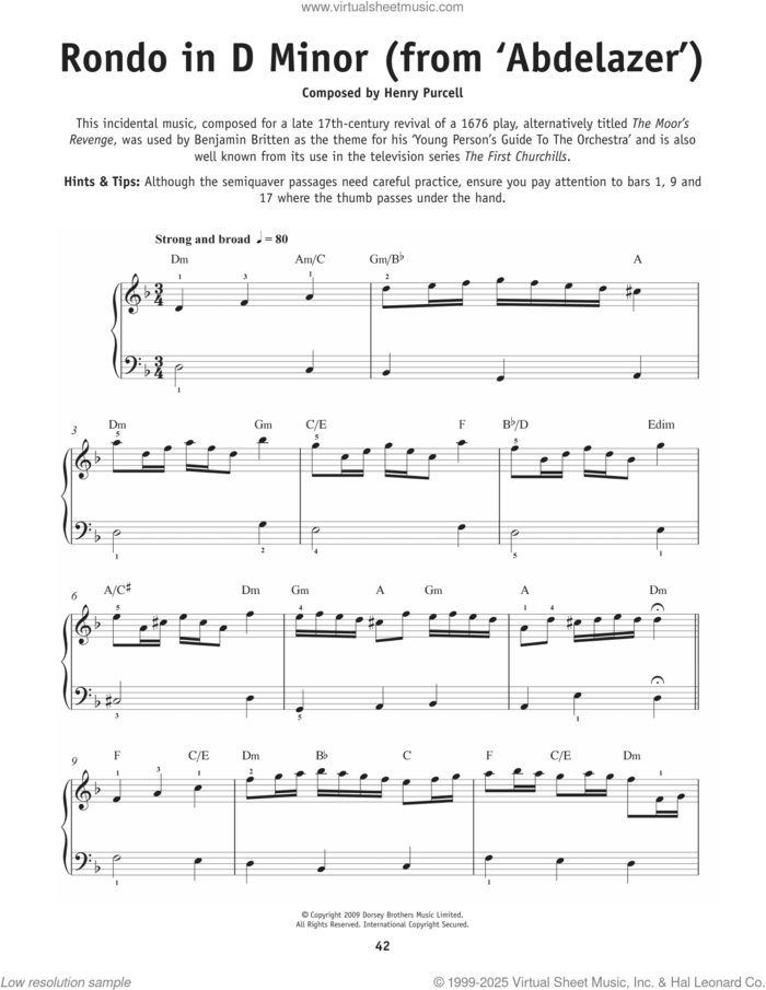 Rondo From Abdelazer sheet music for piano solo by Henry Purcell, classical score, beginner skill level