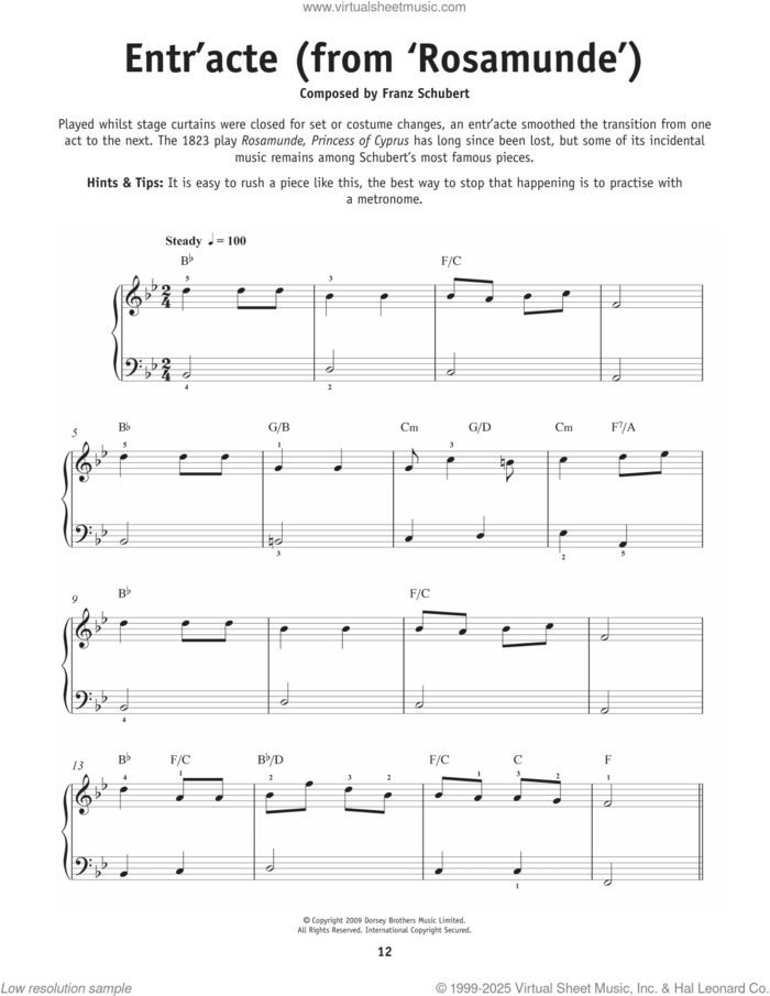 Entr'acte From Rosamunde, Op. 26 sheet music for piano solo by Franz Schubert, classical score, beginner skill level