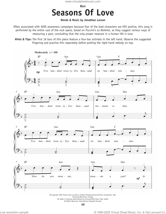 Seasons Of Love (from Rent) sheet music for piano solo by Cast of Rent and Jonathan Larson, beginner skill level