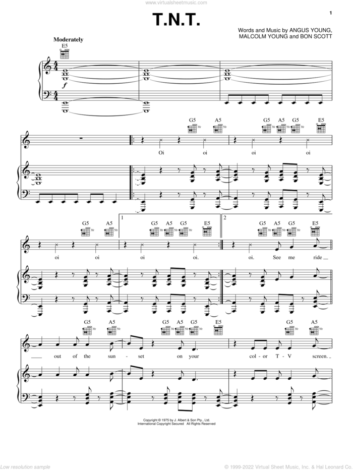T.N.T. sheet music for voice, piano or guitar by AC/DC, Angus Young, Bon Scott and Malcolm Young, intermediate skill level