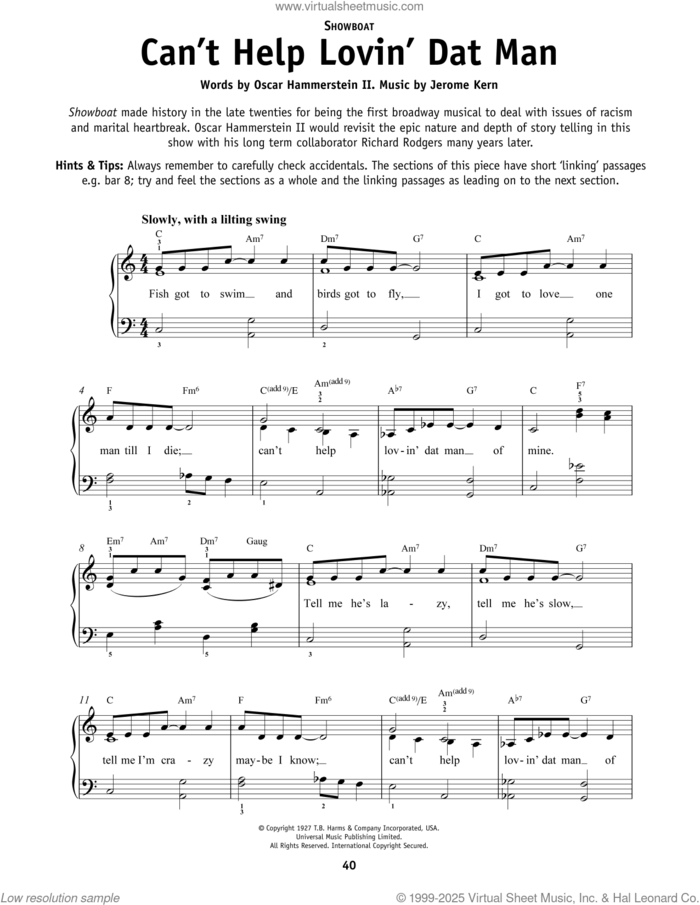 Can't Help Lovin' Dat Man (from Show Boat) sheet music for piano solo by Helen Morgan, Jerome Kern and Oscar II Hammerstein, beginner skill level