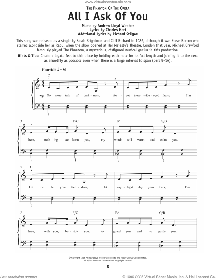 All I Ask Of You (from The Phantom Of The Opera) sheet music for piano solo by Barbra Streisand, Andrew Lloyd Webber, Charles Hart and Richard Stilgoe, beginner skill level