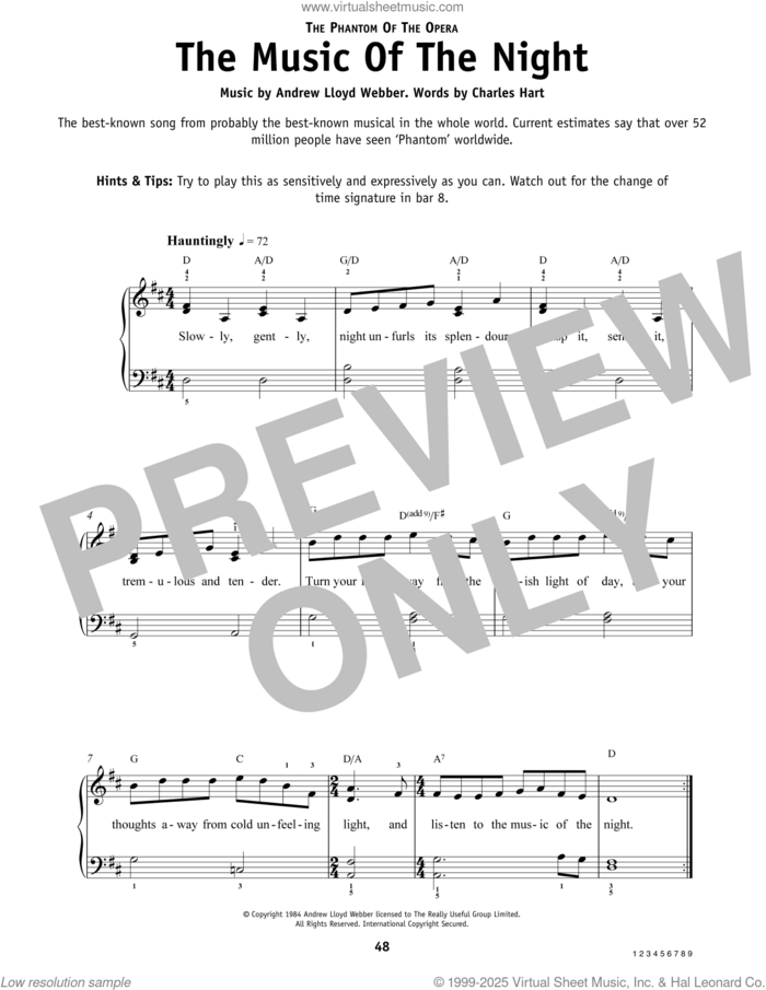 The Music Of The Night (from The Phantom Of The Opera) sheet music for piano solo by David Cook, Andrew Lloyd Webber, Charles Hart and Richard Stilgoe, beginner skill level