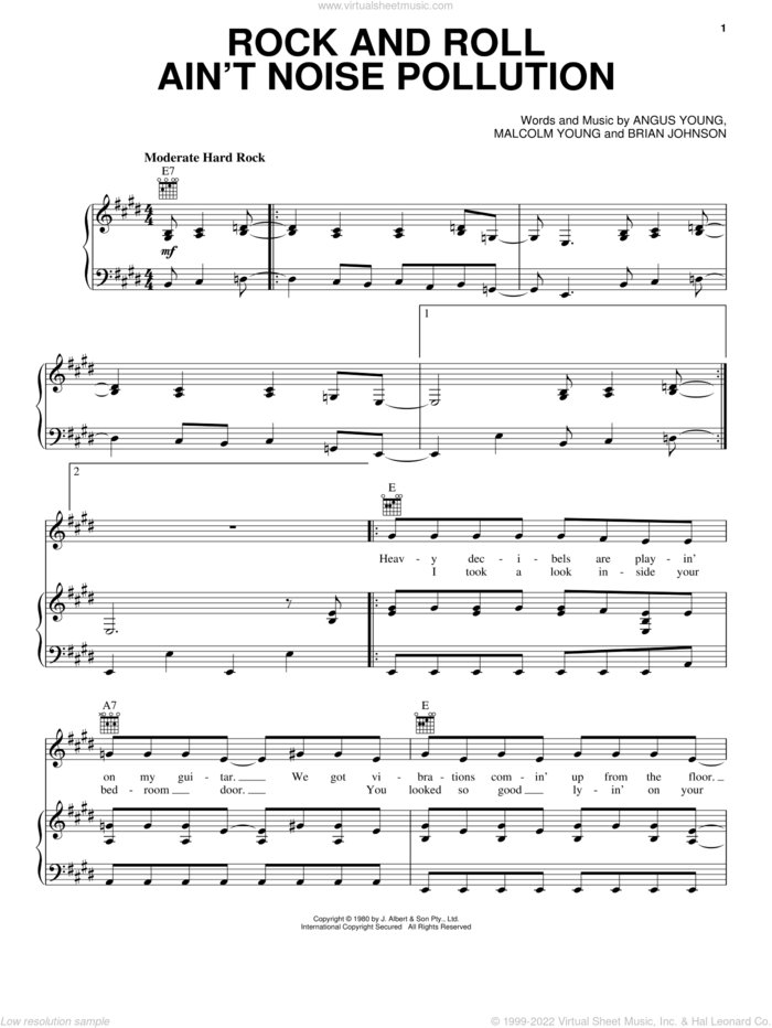 Rock And Roll Ain't Noise Pollution sheet music for voice, piano or guitar by AC/DC, Angus Young, Brian Johnson and Malcolm Young, intermediate skill level