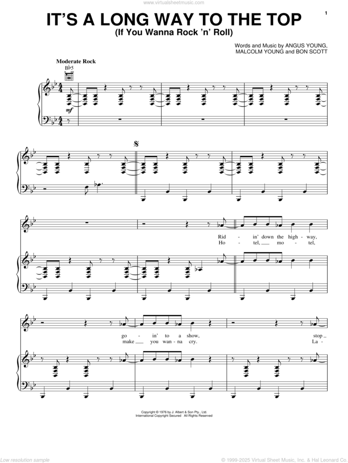 It's A Long Way To The Top (If You Wanna Rock 'N' Roll) sheet music for voice, piano or guitar by AC/DC, Angus Young, Bon Scott and Malcolm Young, intermediate skill level