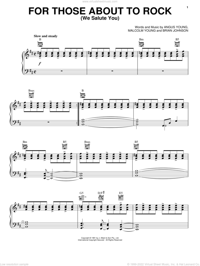 For Those About To Rock (We Salute You) sheet music for voice, piano or guitar by AC/DC, Angus Young, Brian Johnson and Malcolm Young, intermediate skill level