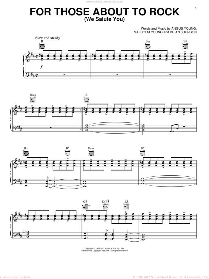 For Those About To Rock (We Salute You) sheet music for voice, piano or guitar by AC/DC, Angus Young, Brian Johnson and Malcolm Young, intermediate skill level