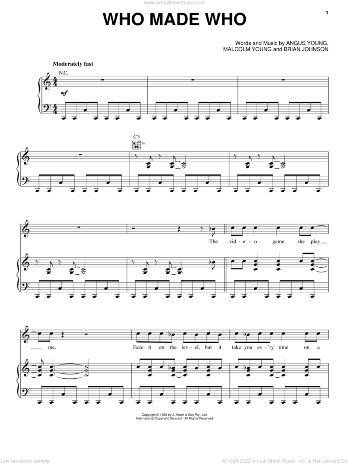 Who Made Who sheet music for voice, piano or guitar by AC/DC, Angus Young, Brian Johnson and Malcolm Young, intermediate skill level