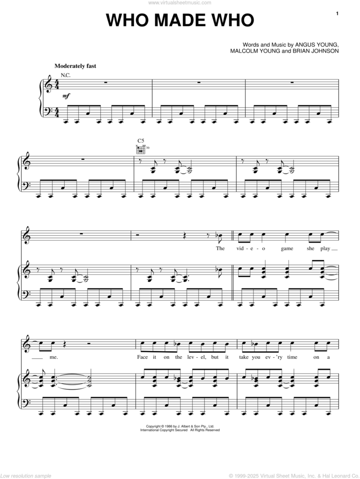 Who Made Who sheet music for voice, piano or guitar by AC/DC, Angus Young, Brian Johnson and Malcolm Young, intermediate skill level