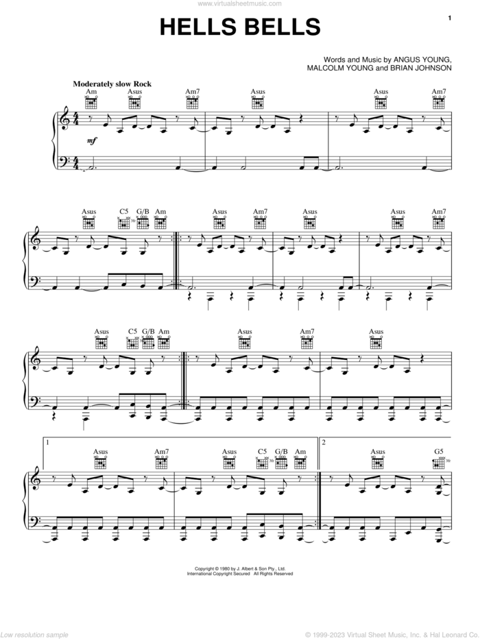 Hells Bells sheet music for voice, piano or guitar by AC/DC, Angus Young, Brian Johnson and Malcolm Young, intermediate skill level