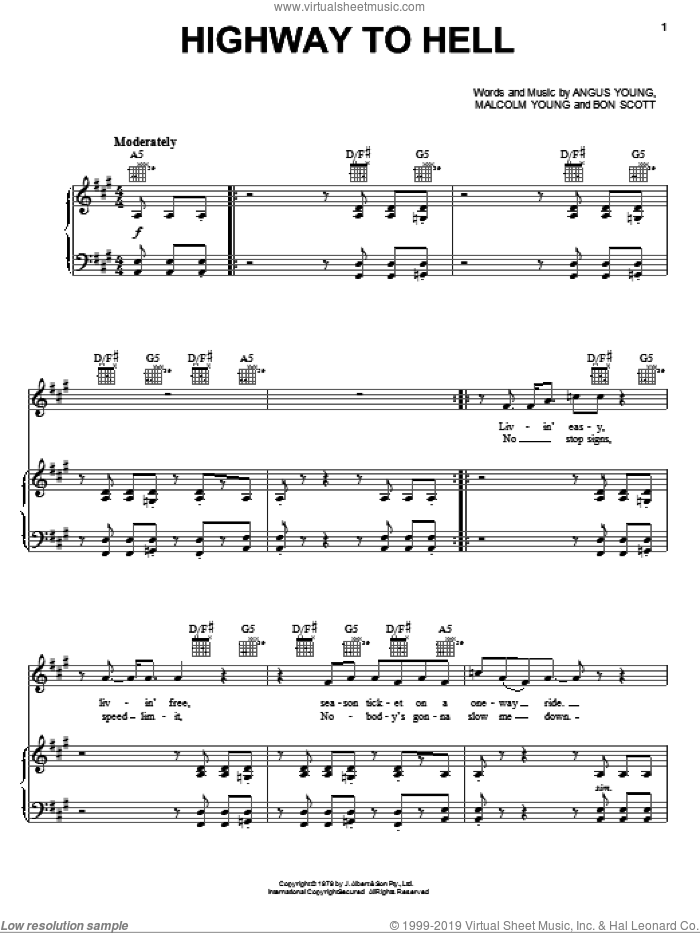 Highway To Hell sheet music for voice, piano or guitar by AC/DC, Angus Young, Bon Scott and Malcolm Young, intermediate skill level