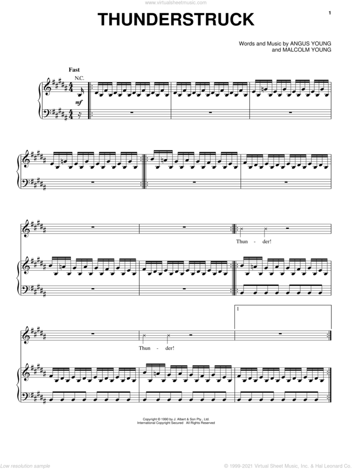 Thunderstruck sheet music for voice, piano or guitar by AC/DC, Angus Young and Malcolm Young, intermediate skill level