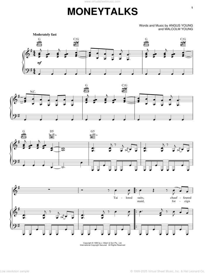 Moneytalks sheet music for voice, piano or guitar by AC/DC, Angus Young and Malcolm Young, intermediate skill level