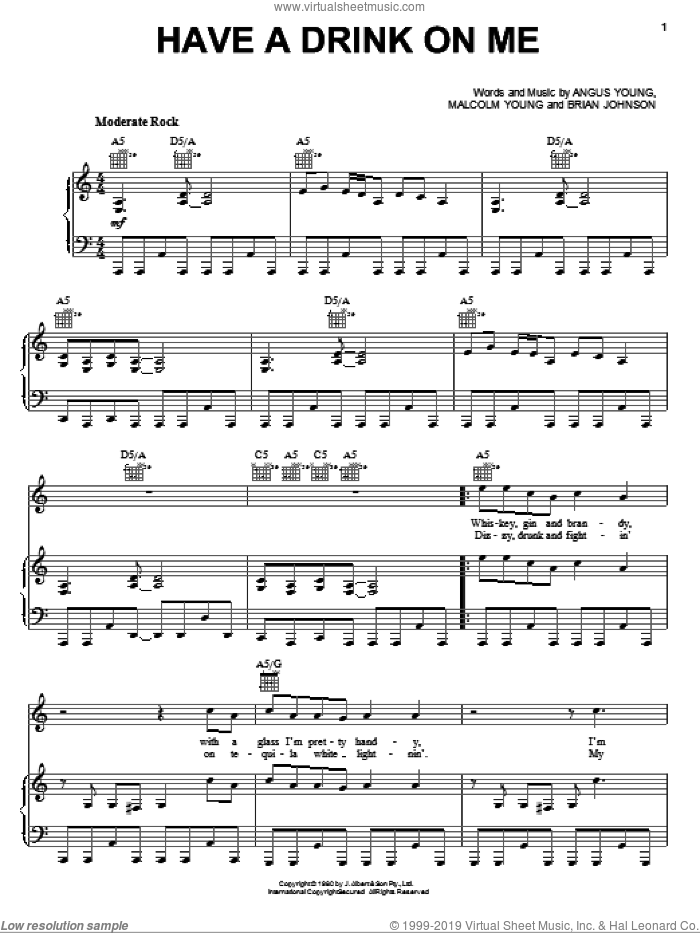 Have A Drink On Me sheet music for voice, piano or guitar by AC/DC, Angus Young, Brian Johnson and Malcolm Young, intermediate skill level