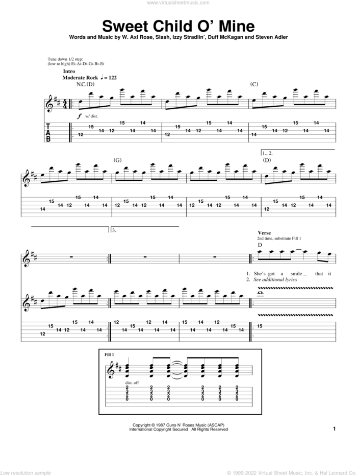 Sweet Child O' Mine sheet music for guitar (tablature, play-along) by Guns N' Roses, Greg Herriges, Axl Rose, Duff McKagan, Slash and Steven Adler, intermediate skill level