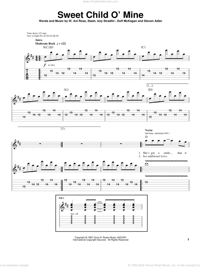 Sweet Child O' Mine sheet music for guitar (tablature, play-along) by Guns N' Roses, Greg Herriges, Axl Rose, Duff McKagan, Slash and Steven Adler, intermediate skill level