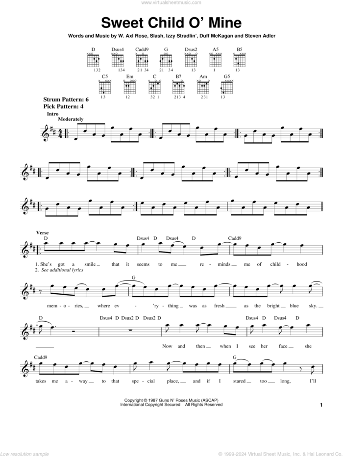 Sweet Child O' Mine sheet music for guitar solo (chords) by Guns N' Roses, Axl Rose, Duff McKagan, Slash and Steven Adler, easy guitar (chords)