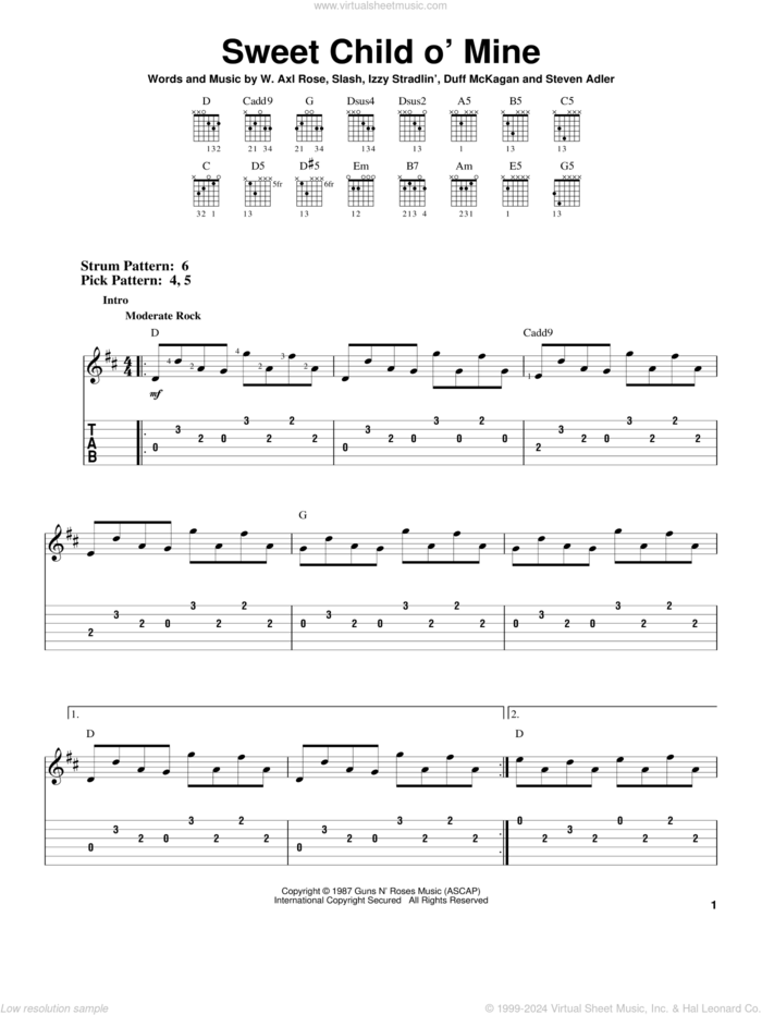 Sweet Child O' Mine sheet music for guitar solo (easy tablature) by Guns N' Roses, Axl Rose, Duff McKagan, Slash and Steven Adler, easy guitar (easy tablature)