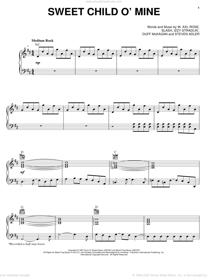 Sweet Child O' Mine sheet music for voice, piano or guitar by Guns N' Roses, Axl Rose, Duff McKagan, Slash and Steven Adler, intermediate skill level