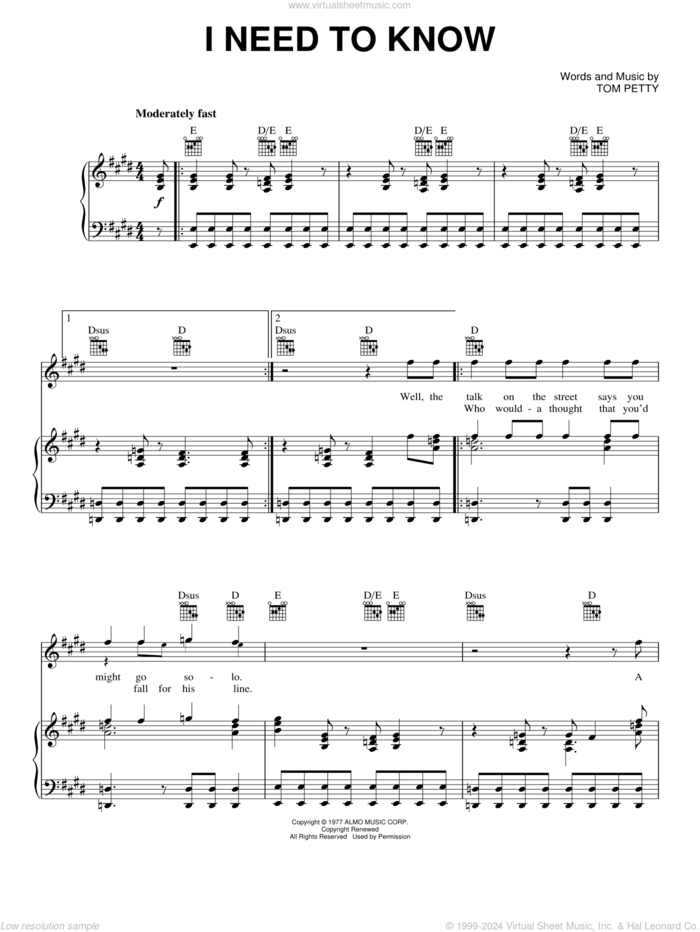 I Need To Know sheet music for voice, piano or guitar by Tom Petty And The Heartbreakers and Tom Petty, intermediate skill level