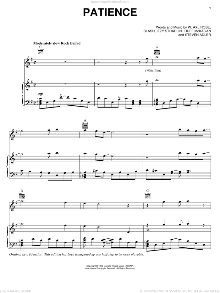 Patience sheet music for voice, piano or guitar by Guns N' Roses, Axl Rose, Duff McKagan, Slash and Steven Adler, intermediate skill level