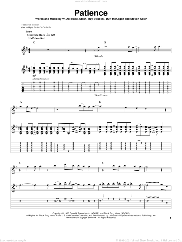Patience sheet music for guitar (tablature, play-along) by Guns N' Roses, Axl Rose, Duff McKagan, Slash and Steven Adler, intermediate skill level