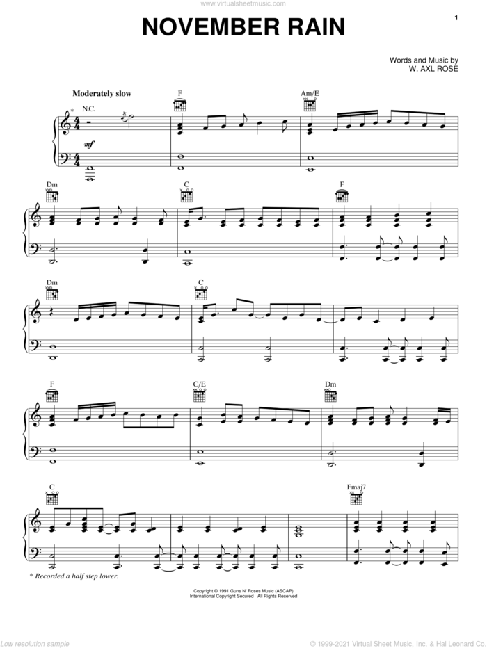 November Rain sheet music for voice, piano or guitar by Guns N' Roses and Axl Rose, intermediate skill level