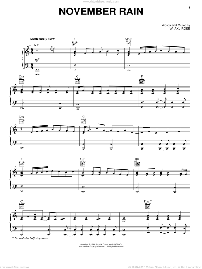 November Rain sheet music for voice, piano or guitar by Guns N' Roses and Axl Rose, intermediate skill level