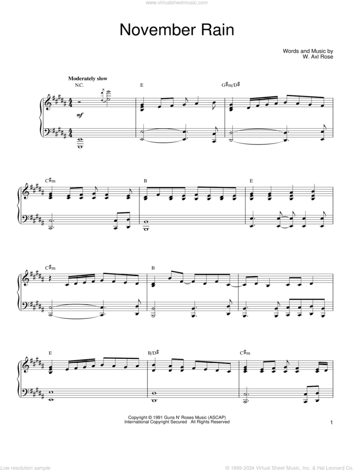 November Rain sheet music for voice and piano by Guns N' Roses and Axl Rose, intermediate skill level