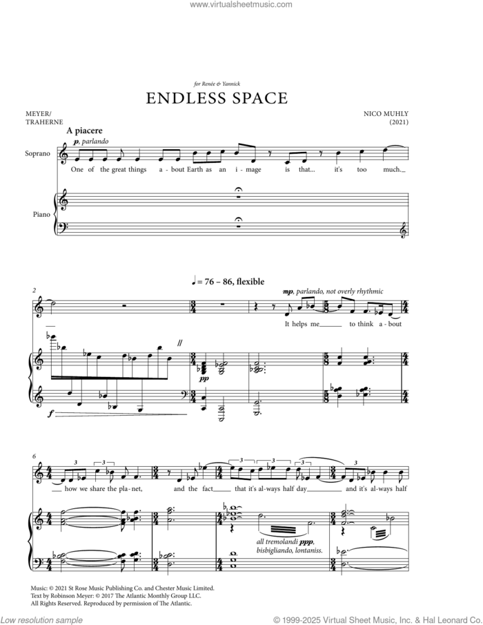 Endless Space sheet music for voice and piano (Soprano) by Nico Muhly, Robinson Meyer and Thomas Traherne, classical score, intermediate skill level