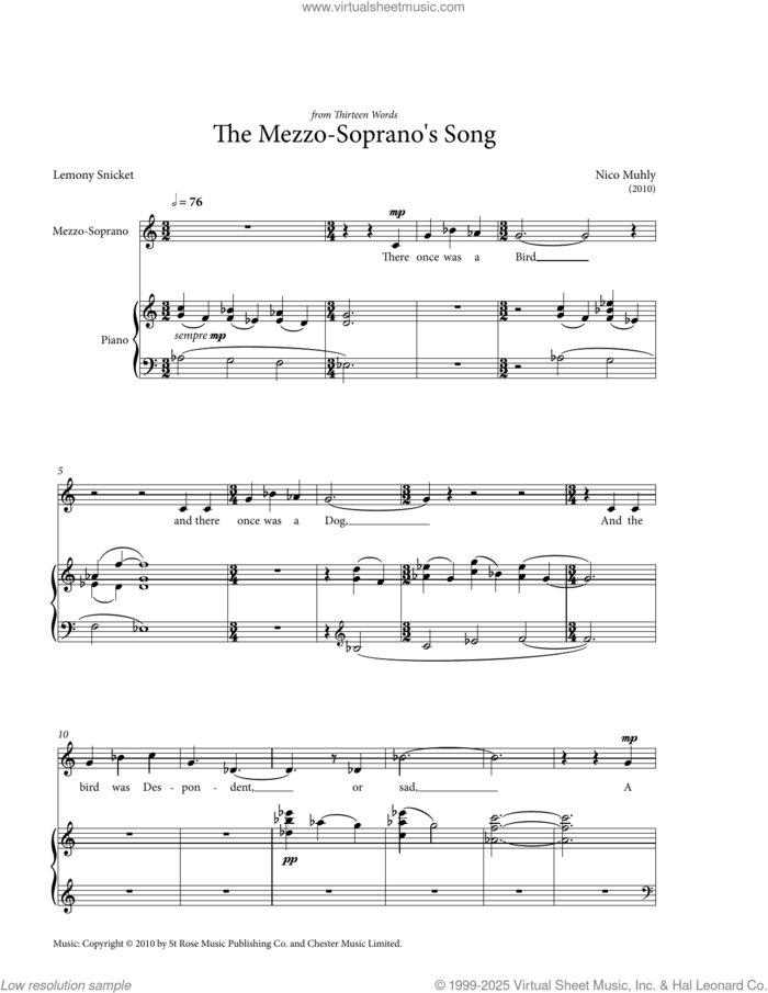 The Mezzo-Soprano's Song sheet music for voice and piano (Mezzo Soprano) by Nico Muhly and Lemony Snicket, classical score, intermediate skill level