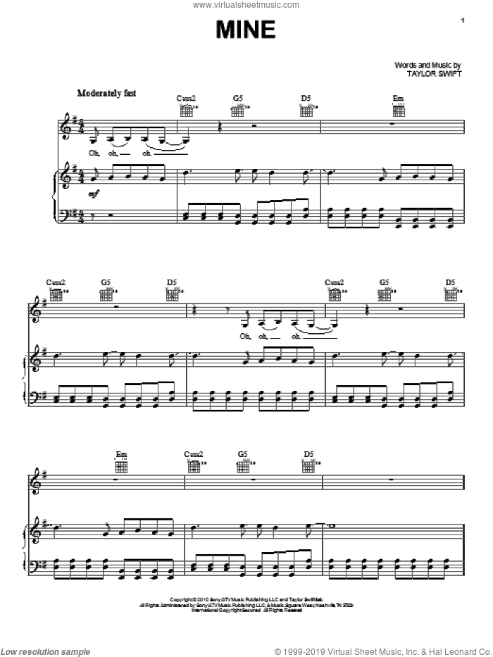 Mine sheet music for voice, piano or guitar by Taylor Swift, intermediate skill level