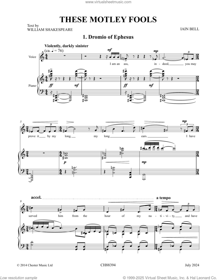 These Motley Fools sheet music for voice and piano by William Shakespeare and Iain Bell, classical score, intermediate skill level