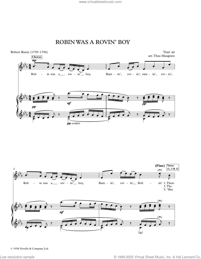 Three Scottish Songs sheet music for voice and piano by Thea Musgrave and Robert Burns (1759-1796), intermediate skill level