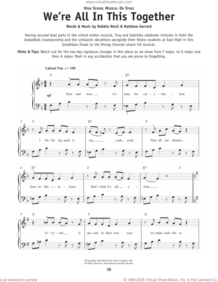 We're All In This Together (Graduation Version) (from High School Musical) sheet music for piano solo by High School Musical Cast, Matthew Gerrard and Robbie Nevil, beginner skill level