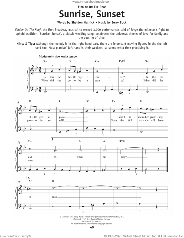 Sunrise, Sunset (from Fiddler On The Roof) sheet music for piano solo by Bock & Harnick, Jerry Bock and Sheldon Harnick, beginner skill level