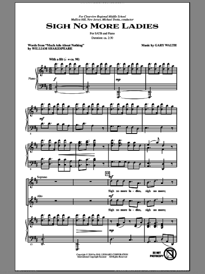 Sigh No More Ladies sheet music for choir (SATB: soprano, alto, tenor, bass) by Gary Walth and William Shakespeare, intermediate skill level